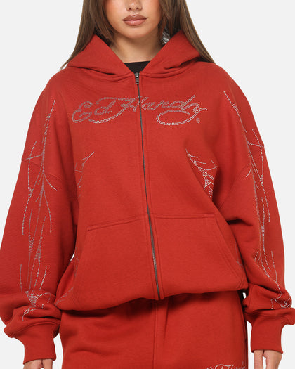 Ed Hardy Cyber Rhinestone Zip-Up Hoodie Red