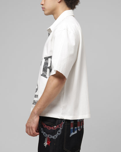 Loiter Rider Distressed Button Up Shirt Off White