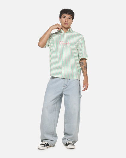 Vouseti Off Court Button Up Shirt Money Green White Stripe