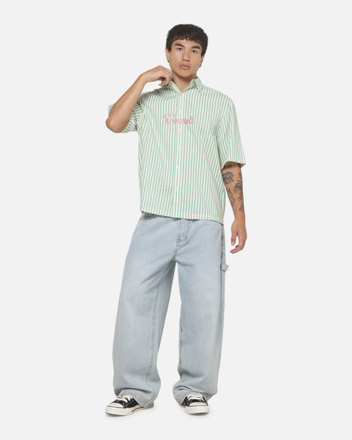 Vouseti Off Court Button Up Shirt Money Green White Stripe