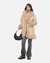 Ed Hardy Women's Fur Longline Coat Camel