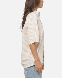 Vouseti Full Court Button Up Shirt Latte White Stripe