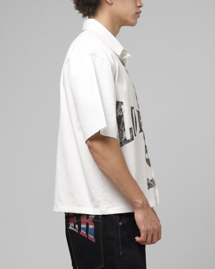Loiter Rider Distressed Button Up Shirt Off White
