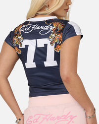Ed Hardy Women's Football Baby T-Shirt Navy/White