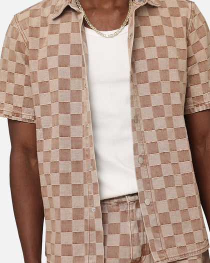 XXIII Checker Board Button Up Shirt Tan