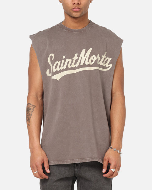 Saint Morta Script Oversized Muscle T-Shirt Washed Brown