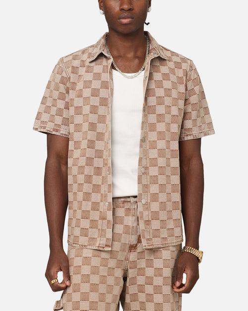 XXIII Checker Board Button Up Shirt Tan
