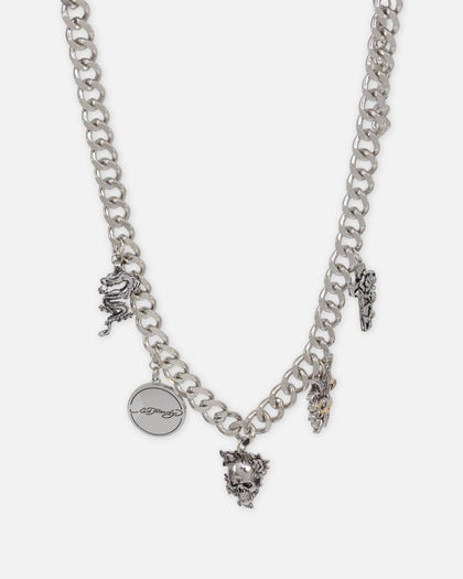 Ed Hardy Multi Charm Cuban Chain Necklace Silver