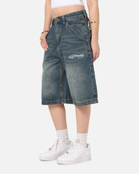 Ed Hardy Brave Hearts Jorts Washed Indigo