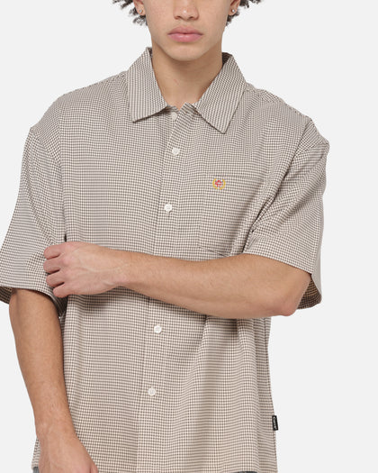 Carre Grid Short Sleeve Button Up Shirt Ecru Check