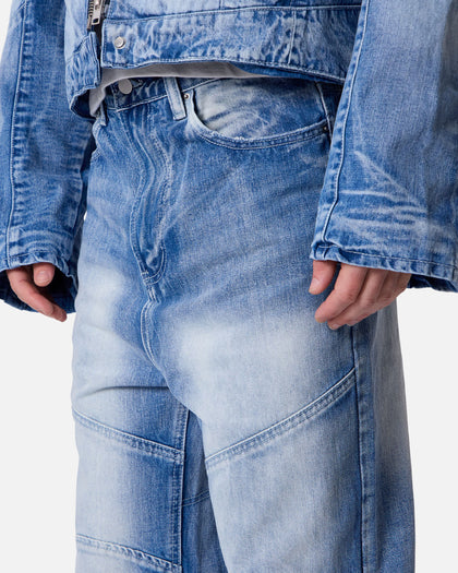 MNML Panelled Moto Denim Jeans Washed Blue