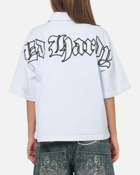Ed Hardy Ghost Tattoo Button Up Shirt Blue Pinstripe