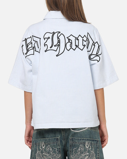 Ed Hardy Ghost Tattoo Button Up Shirt Blue Pinstripe