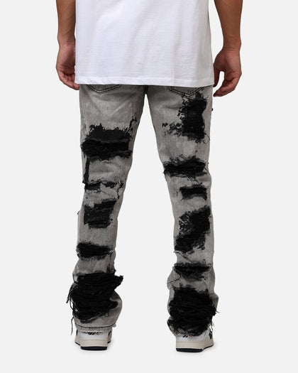 MNML B668 Rock Distress Flare Denim Jeans Light Grey