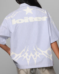 Loiter Cyber Zip Up Short Sleeve Shirt Blue Pin Stripe