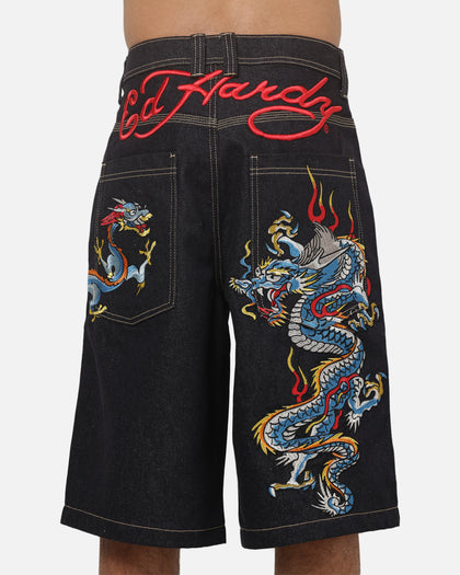 Ed Hardy Dragon Wide Leg Jorts Indigo Denim