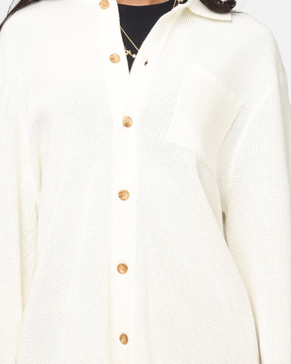 XXIII Zyair Knit Rib Long Sleeve Button Up Shirt Cream