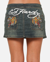 Ed Hardy Women's Tiger Denim Skirt Dirty Blue