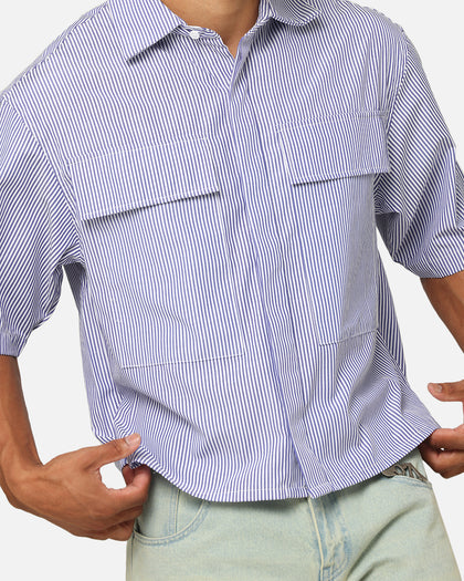 MNML Cropped Striped Short Sleeve Shirt Blue