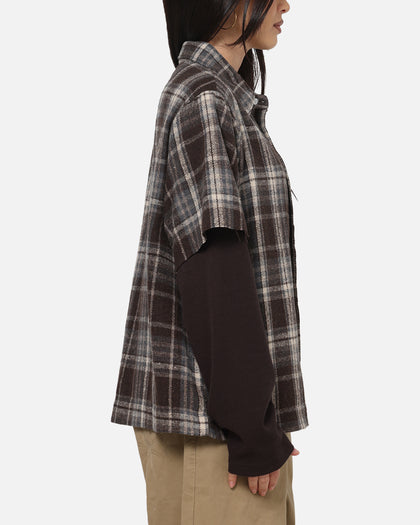 Saint Morta Plaid Layered Long Sleeve Button Up Shirt Brown