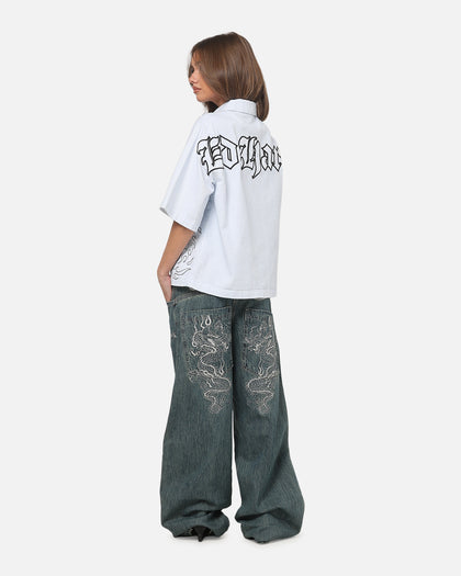 Ed Hardy Ghost Tattoo Button Up Shirt Blue Pinstripe