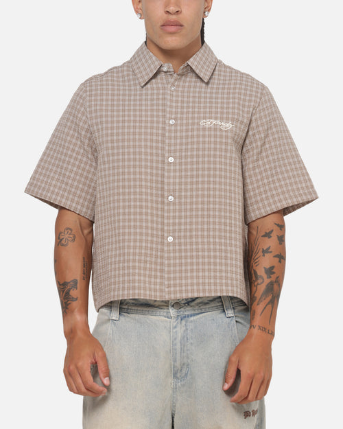Ed Hardy Vandal Button Up Shirt Brown Check