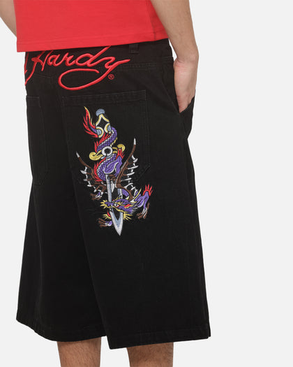 Ed Hardy Dragon Dagger Jorts Washed Black