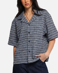 XXIII Boucle Tweed Crop Button Up Shirt Black/White/Blue