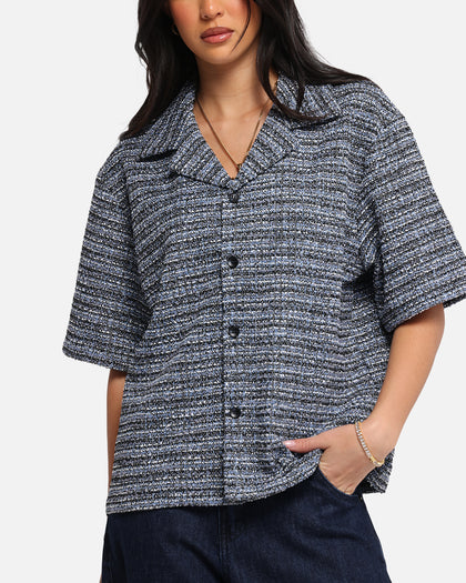 XXIII Boucle Tweed Crop Button Up Shirt Black/White/Blue