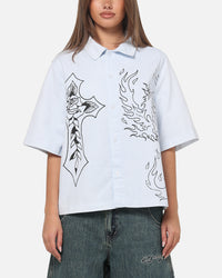 Ed Hardy Ghost Tattoo Button Up Shirt Blue Pinstripe