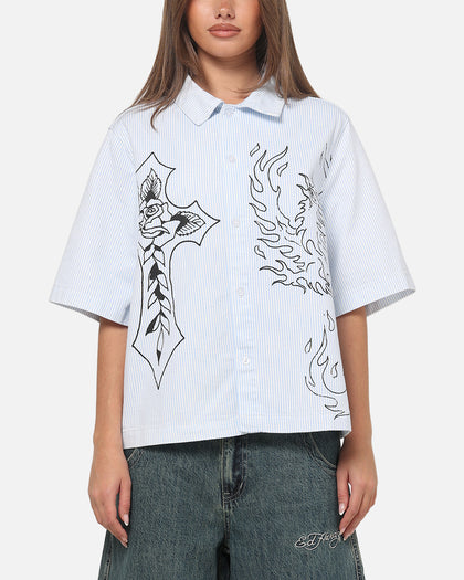 Ed Hardy Ghost Tattoo Button Up Shirt Blue Pinstripe