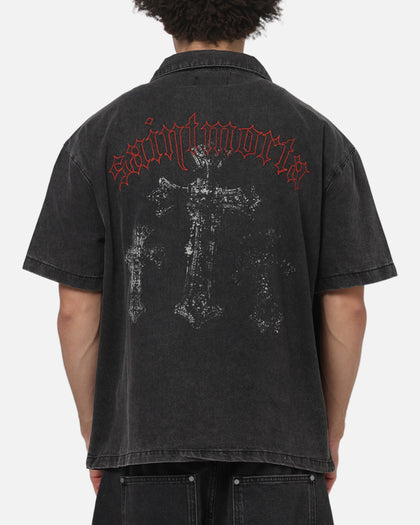 Saint Morta Graves Short Sleeve Button Up T-Shirt Black Shadow
