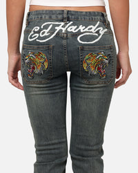 Ed Hardy Women's Tiger Bootcut Jeans Dirty Blue
