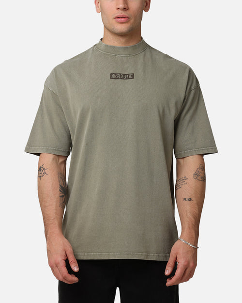 Saint Morta Pray For Me Mock Neck T-Shirt Vintage Khaki