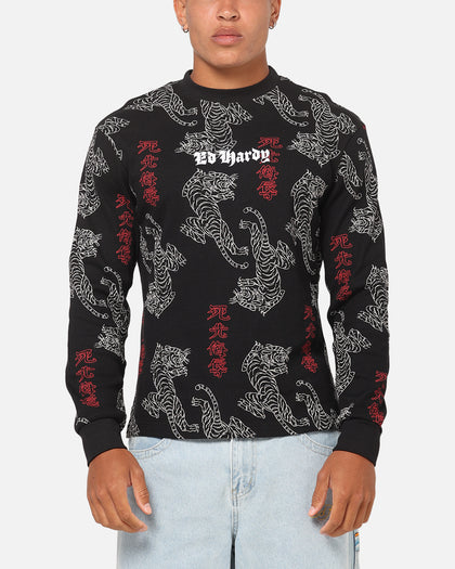 Ed Hardy Tiger Waffle Long Sleeve T-Shirt Black