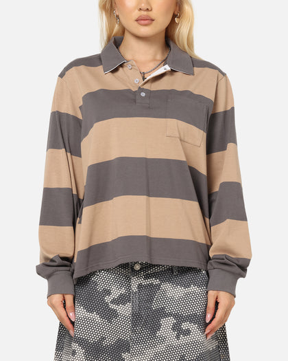 XXIII Rugby Long Sleeve Polo T-Shirt Charcoal/Tan