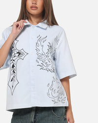Ed Hardy Ghost Tattoo Button Up Shirt Blue Pinstripe