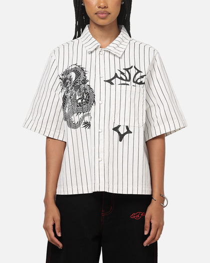 Ed Hardy Euro Short Sleeve Button Up Shirt White Pinstripe