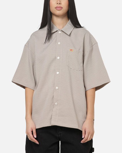 Carre Grid Short Sleeve Button Up Shirt Ecru Check