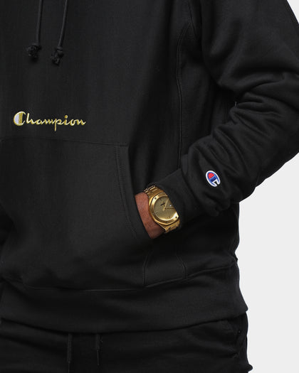 Champion Men's Rev Weave Script Hoodie Black/Gold