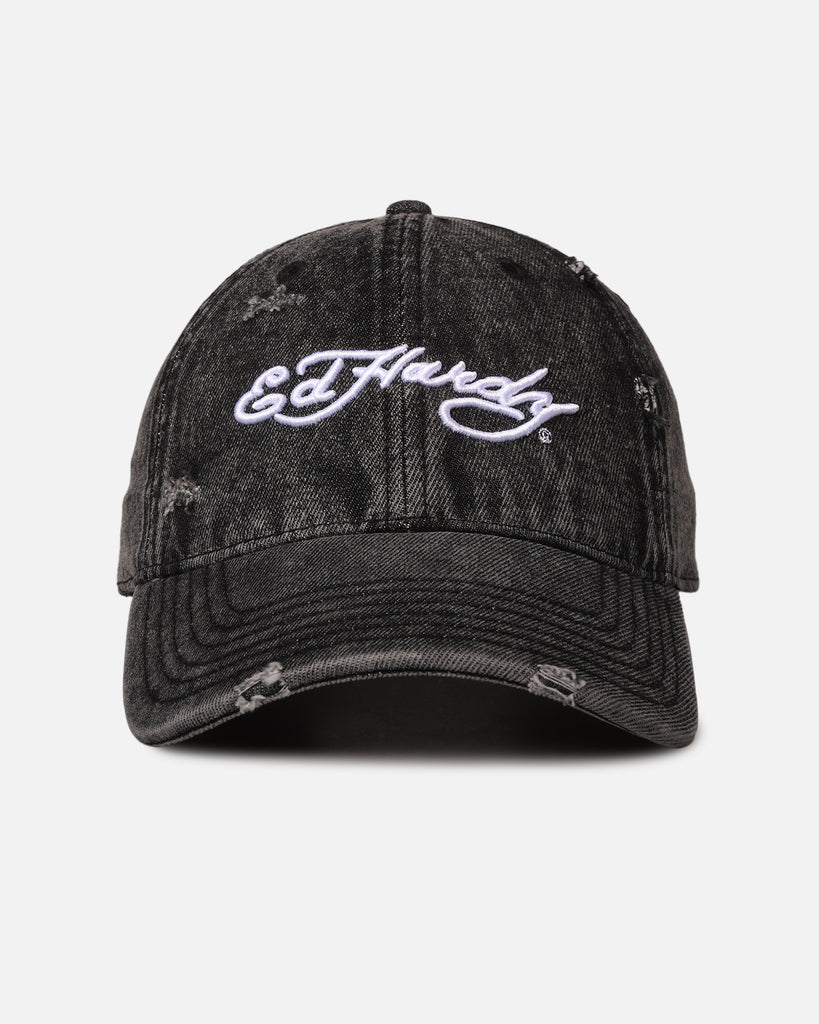 Ed Hardy Distressed Denim Strapback Cap Black Wash | Culture Kings NZ