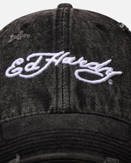 Ed Hardy Distressed Denim Strapback Cap Black Wash
