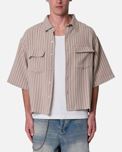 MNML Cropped Boxy Stripe Button Up Shirt Khaki
