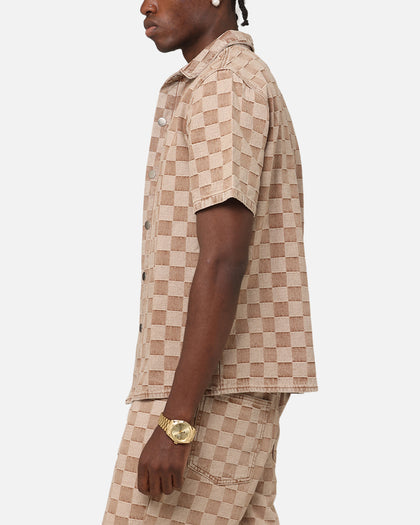XXIII Checker Board Button Up Shirt Tan