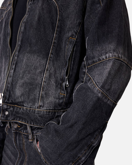 MNML Panelled Moto Denim Jacket Washed Black