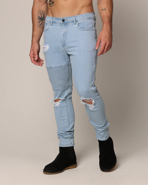 Saint Morta Men's Index Distressed Biker Jeans Light Blue