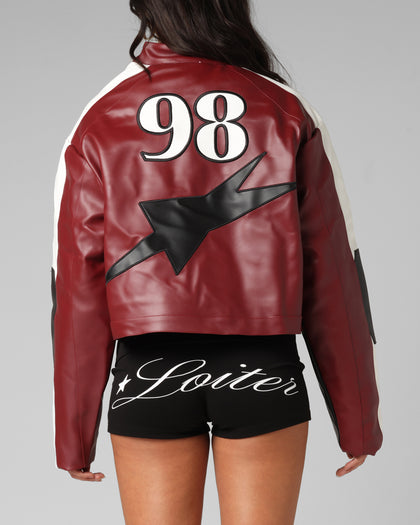 Loiter Women's Engine Cropped Vegan Leather Jacket Red