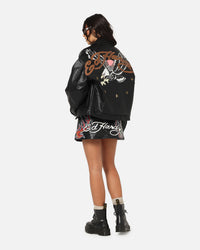 Ed Hardy Women's Vegan Leather Bomber Jacket Black