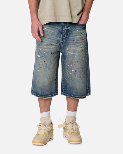 MNML Ultra Baggy Crystal Denim Shorts Blue