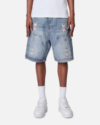 MNML Double Western Jewel Denim Shorts Blue